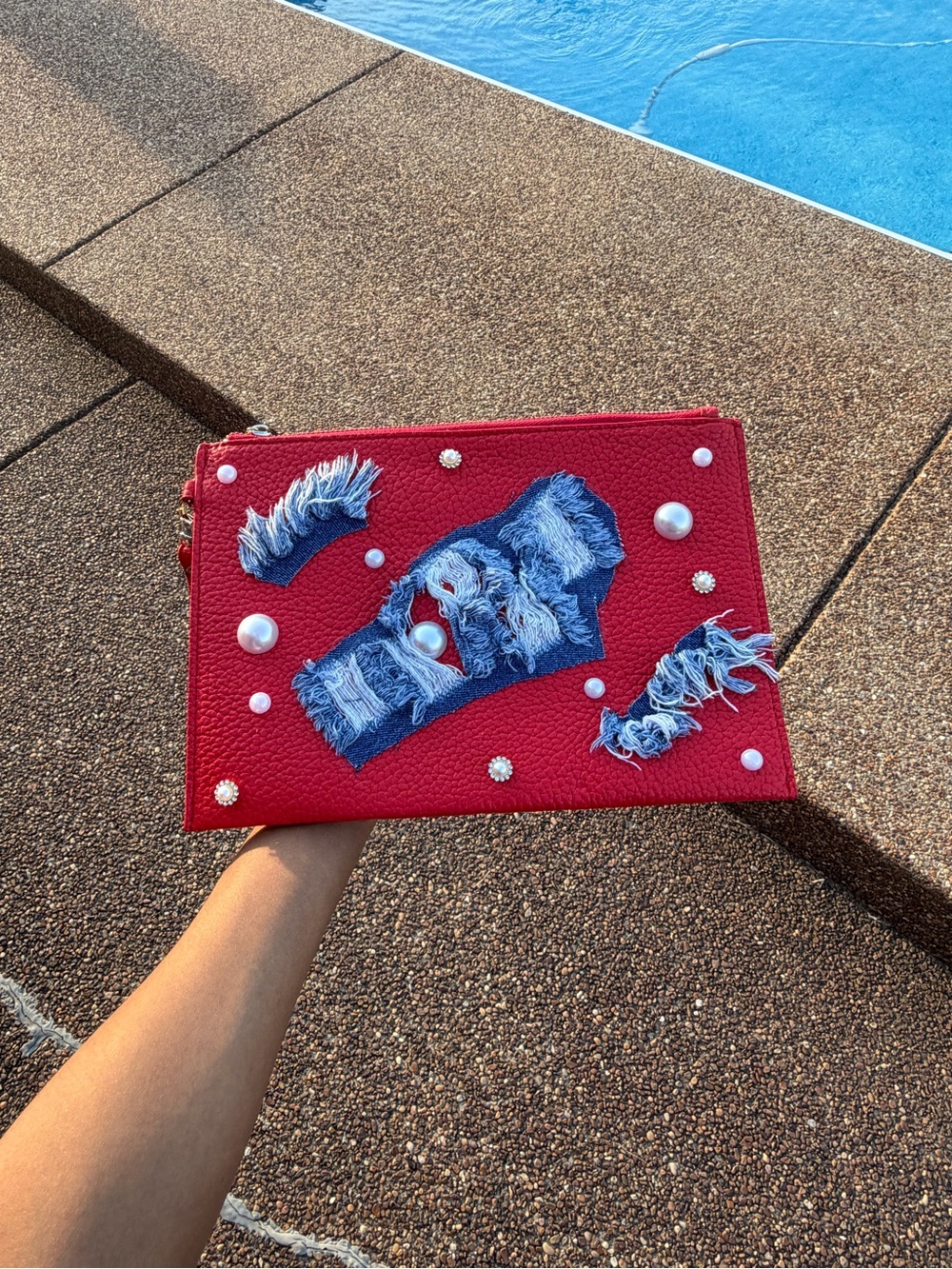 Red Pearl & Denim Patch Wristlet Clutch